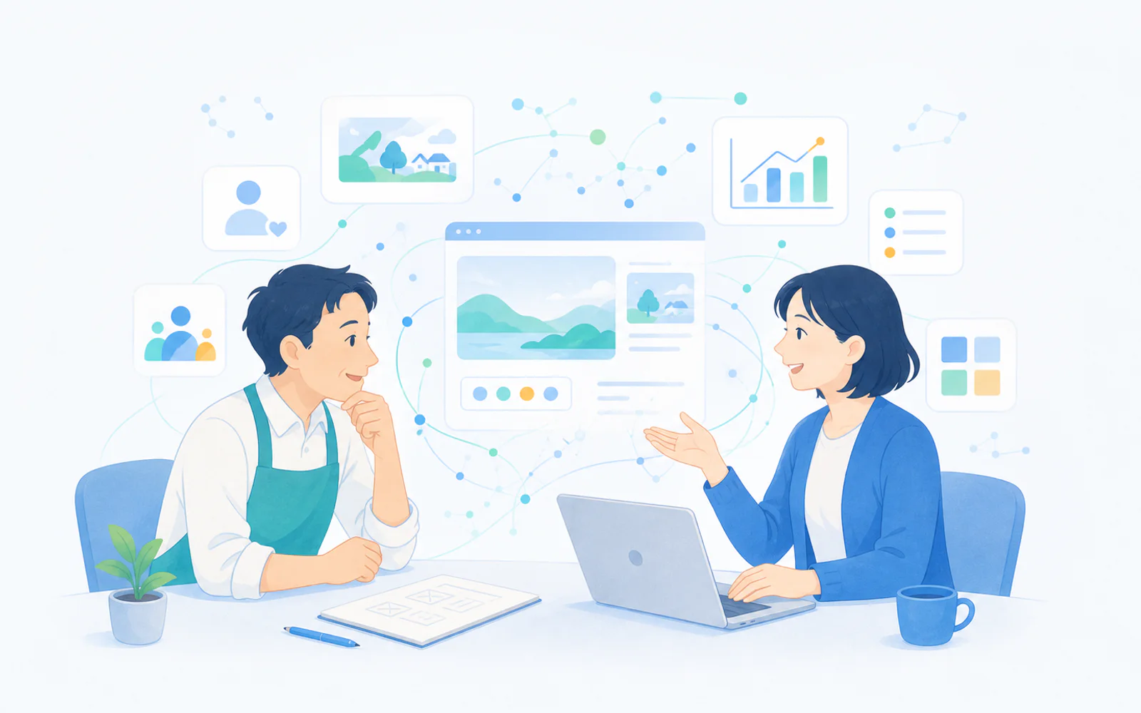 地域の事業者とWeb制作者が対話し、AIの支援を受けながら想いをホームページのカタチにしている様子
