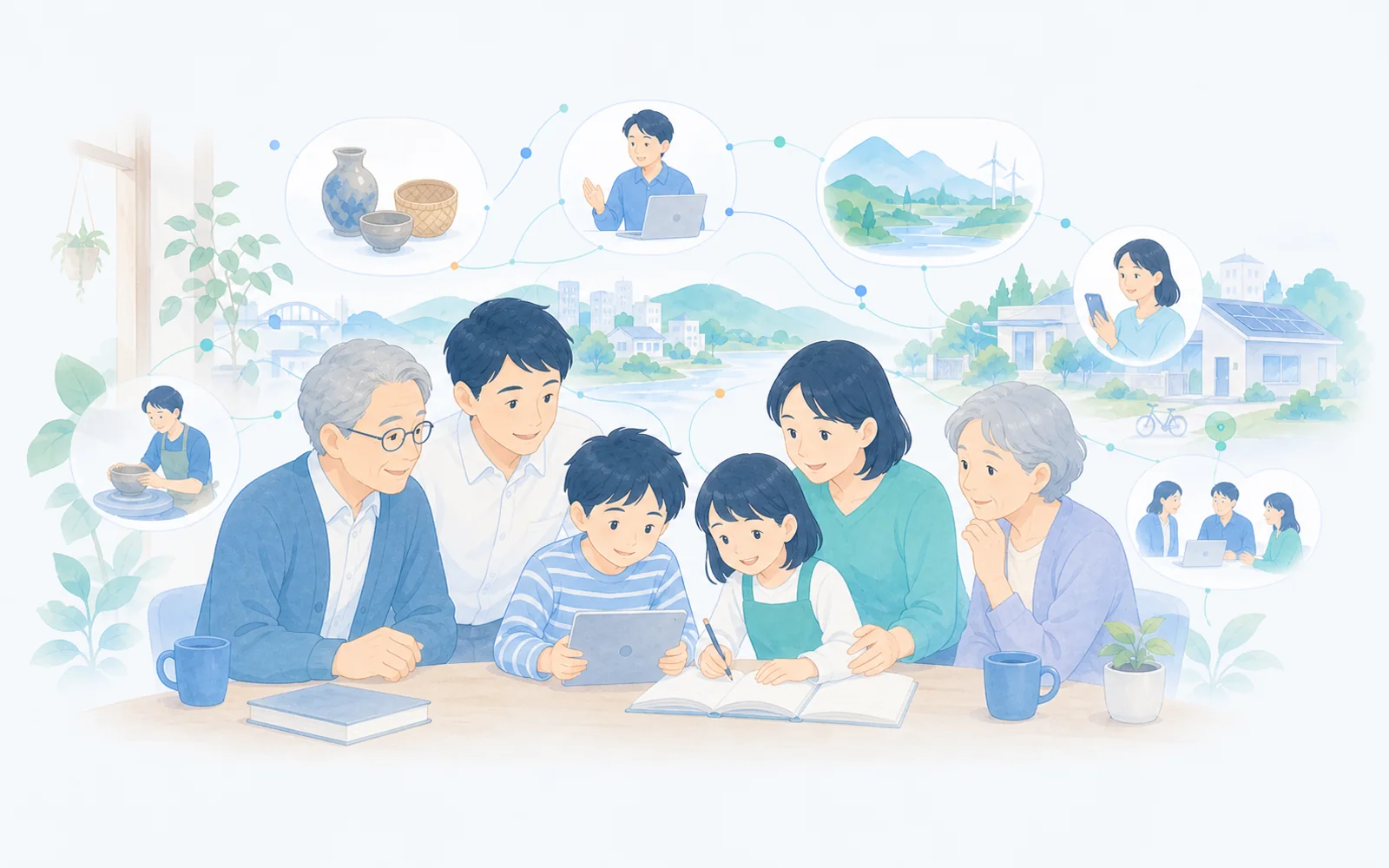 明るい住まいで祖父母、両親、子どもたちの三世代が穏やかな時間を過ごす家族の様子