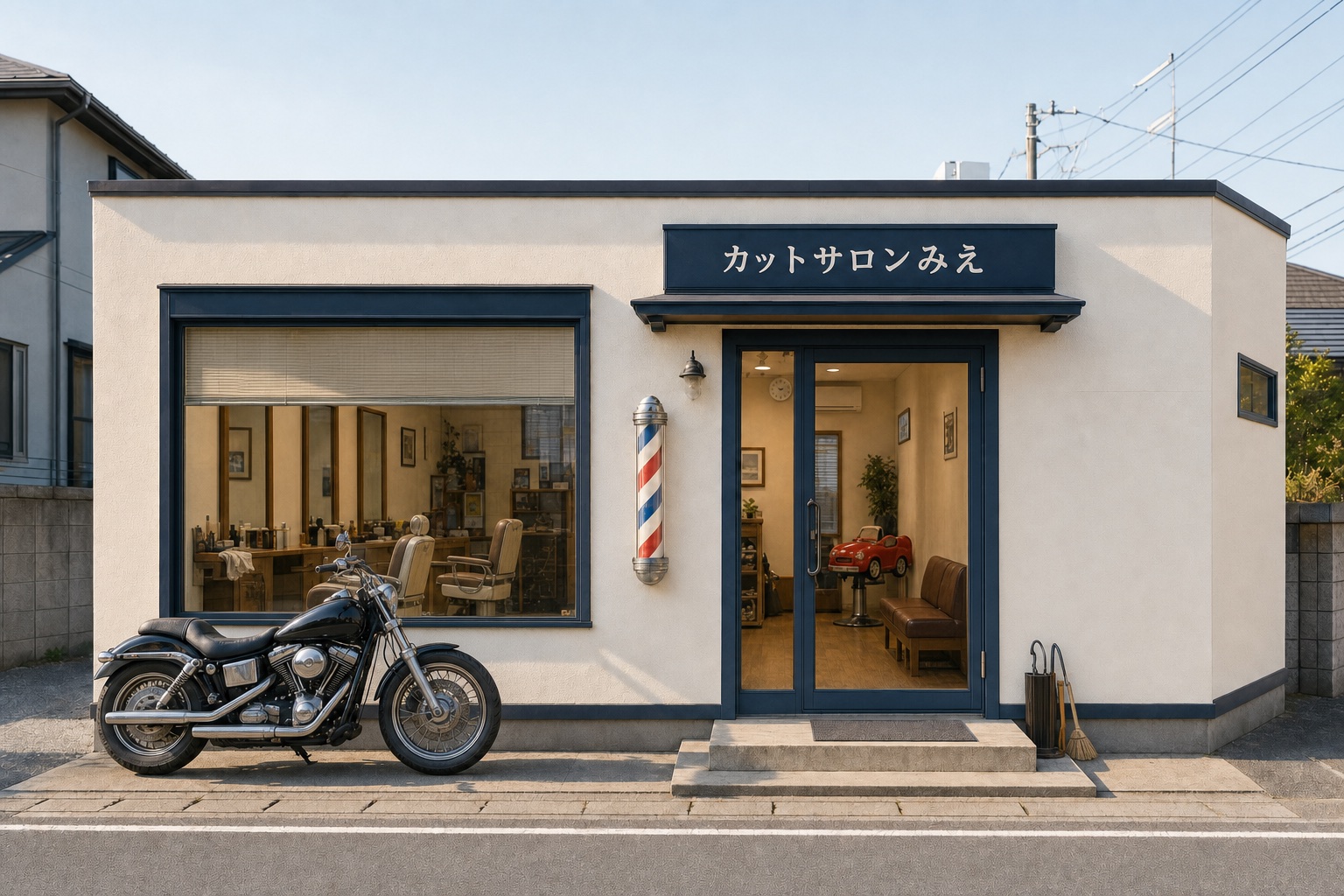 店頭に大型バイクが置かれたカットサロンみえの外観イメージ